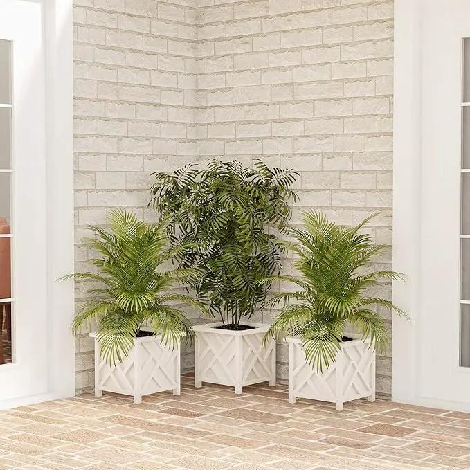 Planters Box - 14.75in Lattice Flower Box Plant Pot - Outdoor Patio Planters and Flower Boxes for Front Porch or Garden Decor by Pure Garden (White) by GreenHaven Gardens