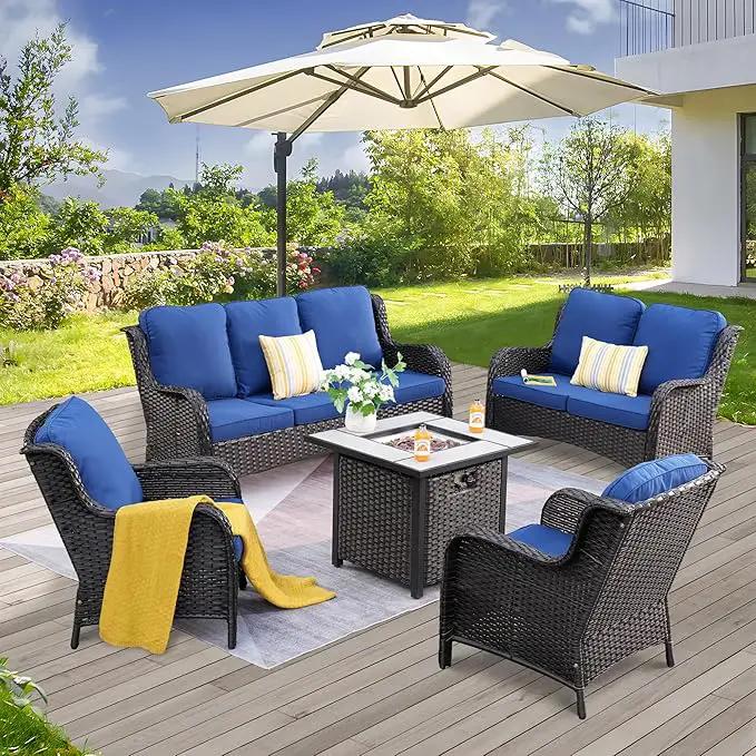 ovios 5 Pieces Patio Furniture Set with 30" Fire Pit Table, Outdoor Wicker Sofa with Loveseat, Comfy Cushions, High Back Couch Conversation Set, Brown Rattan, Navy Blue by GreenHaven Gardens