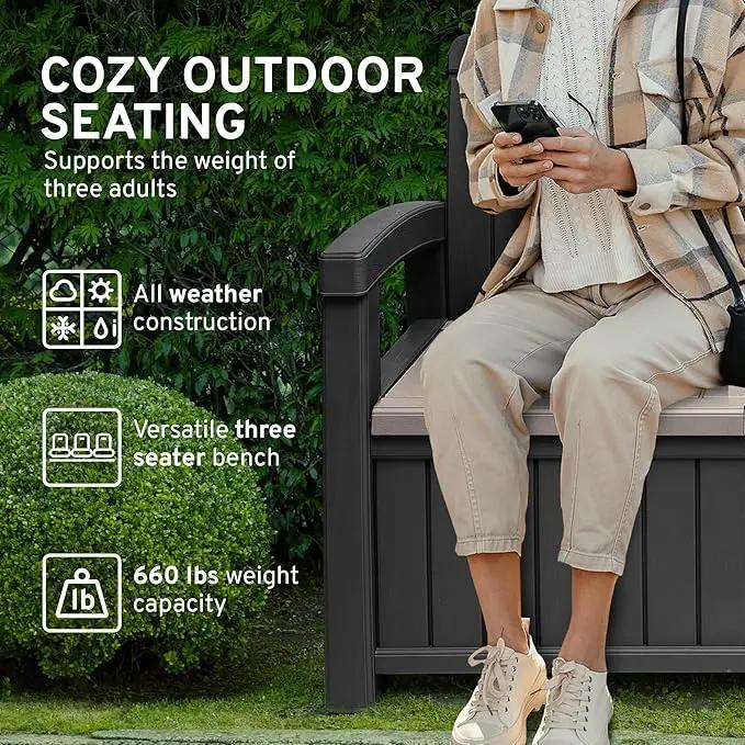 EconoHome 3 Seat Outdoor Storage Bench - 90 Gallon Capacity - Weatherproof Resin Bench for Patio, Porch, Garden, Yard, Pool Area - Furniture for Pool Accessories, Gardening Tools, Toys by GreenHaven Gardens
