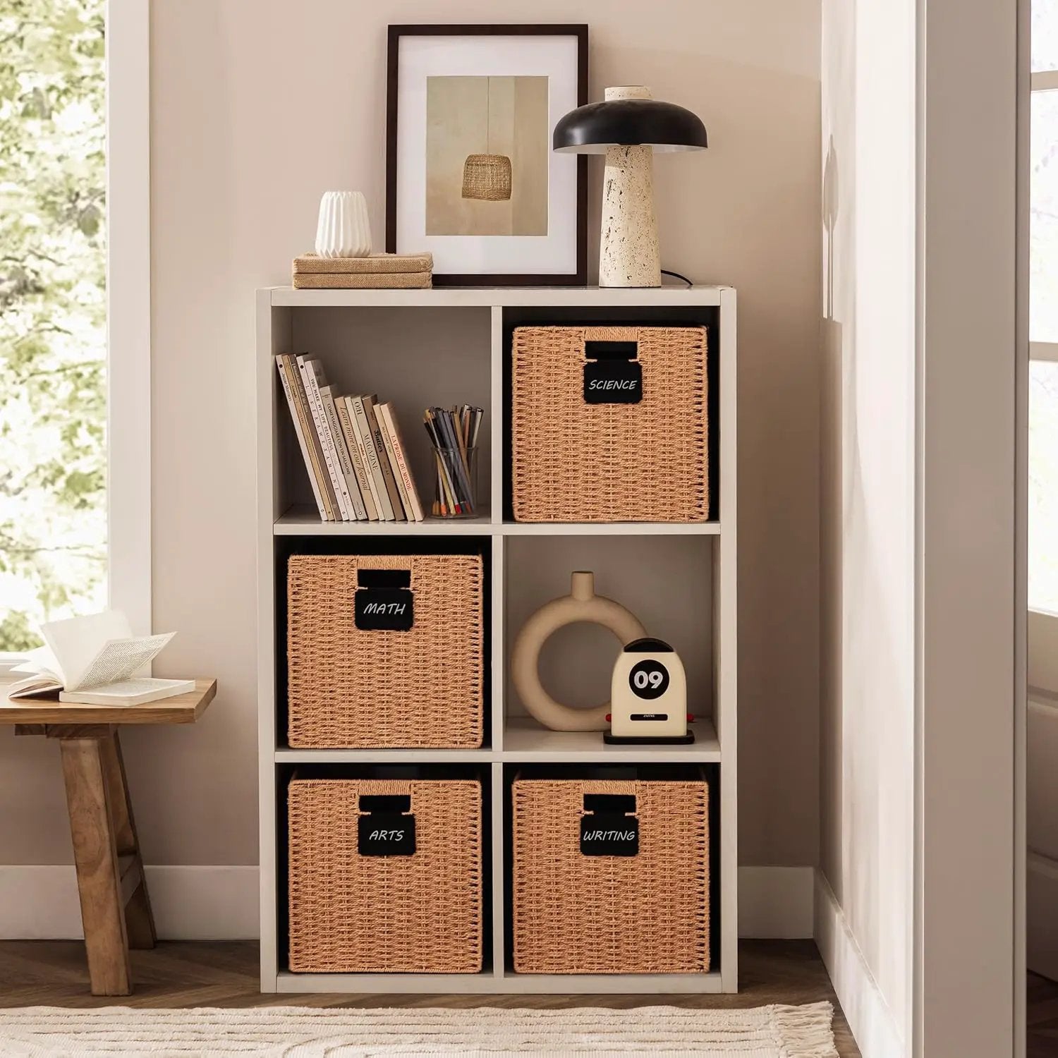 UBBCARE 4 Pack Wicker Basket, 10.5×10.5 Storage Cubes with Label, Foldable Cube Storage Bin with Handle, Square Storage Basket for Shelves, Woven Paper Rope Basket for Organizing, Caramel by GreenHaven Gardens