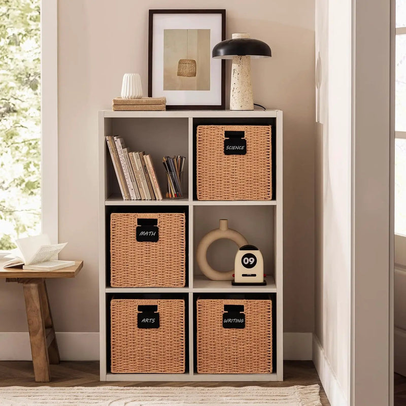 UBBCARE 4 Pack Wicker Basket, 10.5×10.5 Storage Cubes with Label, Foldable Cube Storage Bin with Handle, Square Storage Basket for Shelves, Woven Paper Rope Basket for Organizing, Caramel by GreenHaven Gardens
