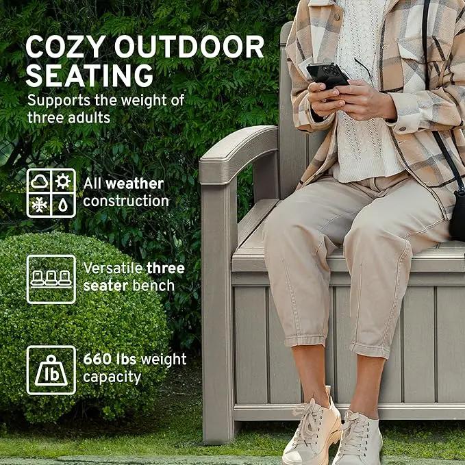 EconoHome 3 Seat Outdoor Storage Bench with Rain Cover - 90 Gallon Capacity - Weatherproof Resin Bench for Patio, Porch, Garden, Yard, Pool Area - Furniture for Pool Accessories, Gardening Tools by GreenHaven Gardens