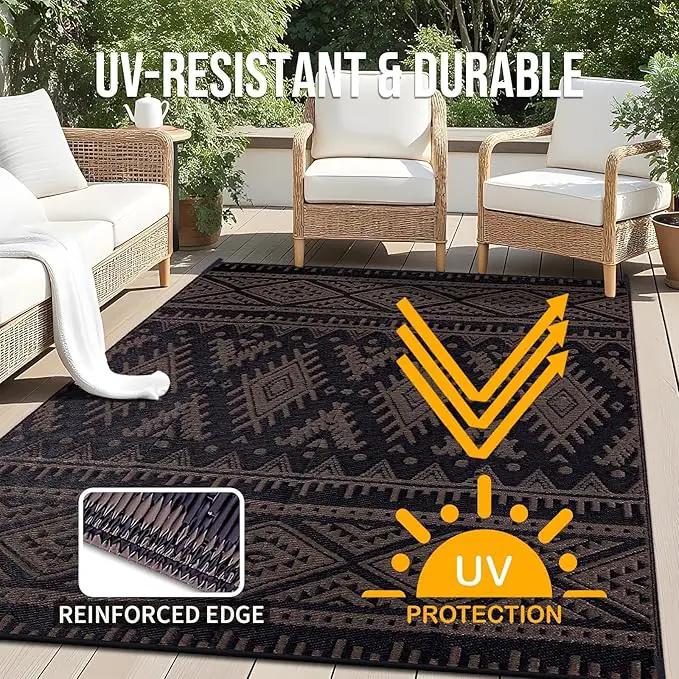 OLANLY Outdoor Rug Waterproof 10x14 ft, Reversible Outdoor Plastic Straw Rug, Boho Patio Rug, Indoor Outdoor Carpet, RV Mat Outside for Patio, Camp, Picnic, Balcony, Deck, Backyard, Black & Brown by GreenHaven Gardens