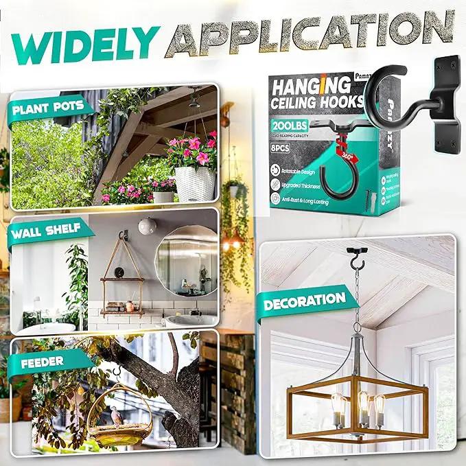 [Upgraded] 8Pcs 200LBS Rotatable Ceiling Hooks with 4 Screw Points Plate Base, Black Wall Mount Metal Hanger for Hanging Plants, Bird Feeders, Lanterns, Lights, Wind Chimes, Indoor Outdoor Decor by GreenHaven Gardens