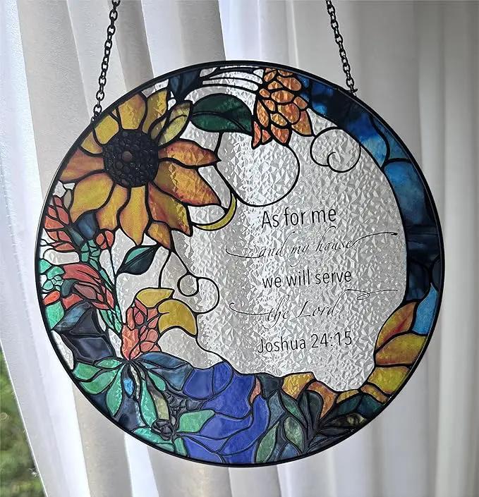The Lord Suncatcher Stained Glass - As for Me and My House We Will Serve The Lord Christian Wall Decor | Bible Verse Wall Art for Bible Lovers Bible Verse Wall Art Themed Gift by GreenHaven Gardens