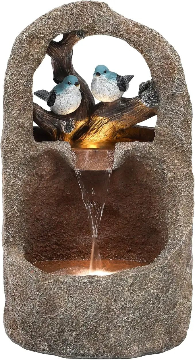 27" Outdoor Water Fountain with LED Lights,2-Tier Bird Natural Zen Garden Fountain, Relaxing Waterfall Floor, Yard, Porch or Deck Decor, Whether-Resistant, Faux Granite Texture by GreenHaven Gardens