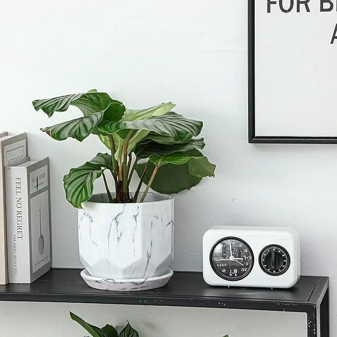 Large 7 Inch Marble White Plant Pots Planters with Saucer Tray, Mesh Pad, Drainage Hole and Stopper, Hand Glazed Flower Pot, Garden Indoor Outdoor Planter, Modern Home Decor (Ceramic, White) by GreenHaven Gardens