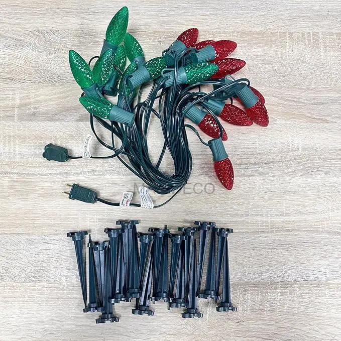 C9 Christmas Pathway Lights with Stakes,Red Green,2 Pack Total 60 Ft 40 Strawberry LED Bulbs,Connectable Shatterproof Outdoor Lights Marker for Xmas Yard Garden Path Lawn Walkway Sidewalk by GreenHaven Gardens