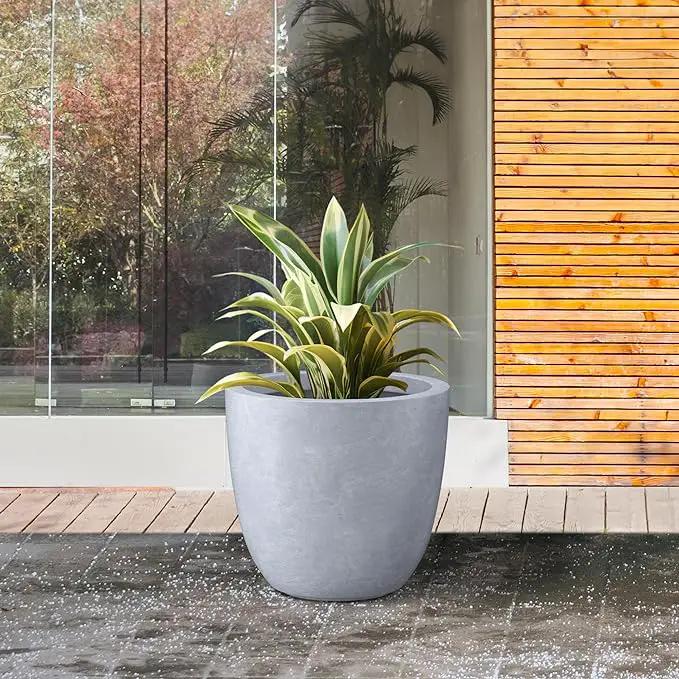 Kante 14 Inch Dia Round Concrete Planter, Indoor Outdoor Large Plant Pot with Drainage Hole and Rubber Plug for Home Patio Garden, Slate Gray by GreenHaven Gardens