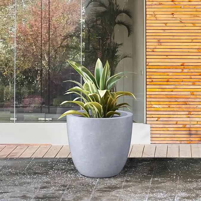 Kante 14 Inch Dia Round Concrete Planter, Indoor Outdoor Large Plant Pot with Drainage Hole and Rubber Plug for Home Patio Garden, Slate Gray by GreenHaven Gardens