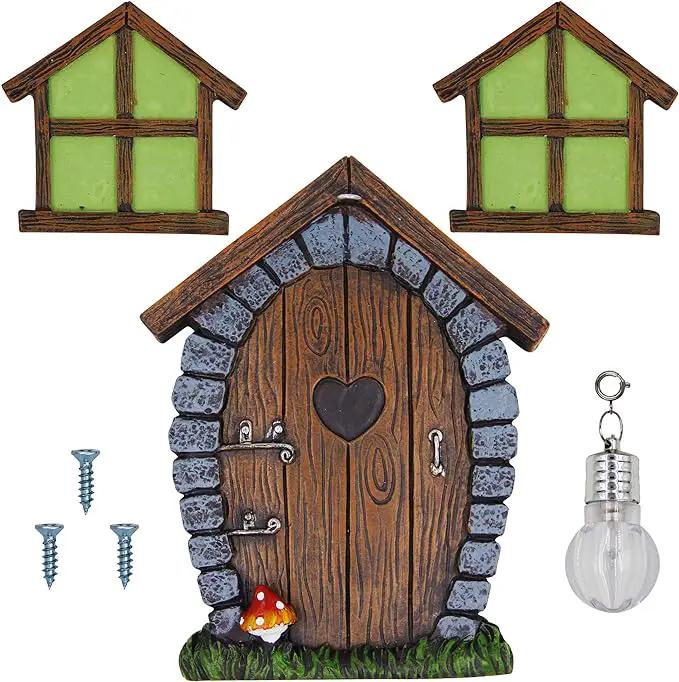 Juegoal Fairy Gnome Home Miniature Window and Door with Litter lamp for Trees Decoration, Glow in Dark Fairies Sleeping Door and Windows, Yard Art Garden Sculpture, Lawn Ornament Decor by GreenHaven Gardens