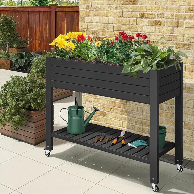 YITAHOME 43.3x17.7x34 in Elevated Garden Bed, Outdoor Plastic Planter Box with Wheels, Legs, Drain Plug, and Storage Shelf for Plants, Vegetables, Flowers, Herbs, Black by GreenHaven Gardens