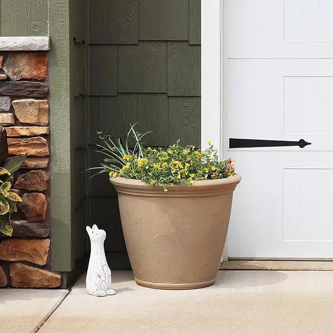 Sunnydaze 24-Inch Anjelica Large Plastic Pot for Plants - Outdoor Polyresin Round Planter with Drillable Drainage Holes - Beige by GreenHaven Gardens