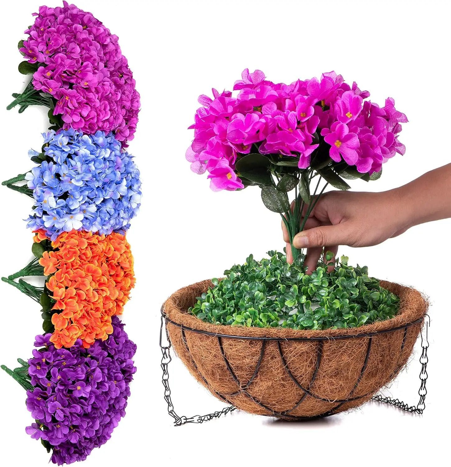 Fall Artificial Flowers with Hanging Basket for Outdoor Indoor, 4 Branches Fake Hydrangea Flowers in Coconut Lining Hanging Basket Home Courtyard Spring Summer Decor(Orange) by GreenHaven Gardens