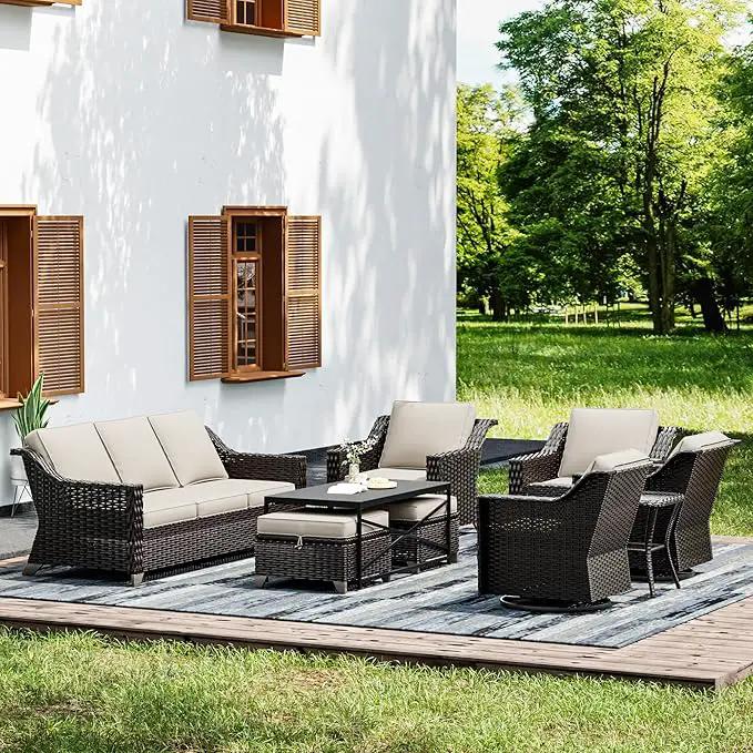 Joyside Wicker Patio Furniture Sets, 9 Pieces Upgraded Large Size Outdoor Furniture with Swivel Rocking Patio Chairs, Patio Dining Chair, 3-Seat Sofa, Outdoor Ottoman, Coffee Table, Thick Cushions by GreenHaven Gardens