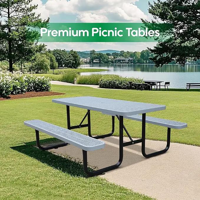4FT Metal Picnic Tables for Outdoors, Commercial Rectangular Picnic Table and Bench Set for Outside, Patio, Garden, Backyard, Porch, Surface Mount, Grey by GreenHaven Gardens