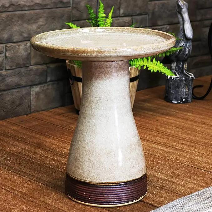 Sunnydaze 21" H Ceramic Bird Bath for Outside - Hand-Painted Outdoor Bird Bath Bowl, UV/Frost-Resistant Finish - Yam - Ribbed Pedestal by GreenHaven Gardens