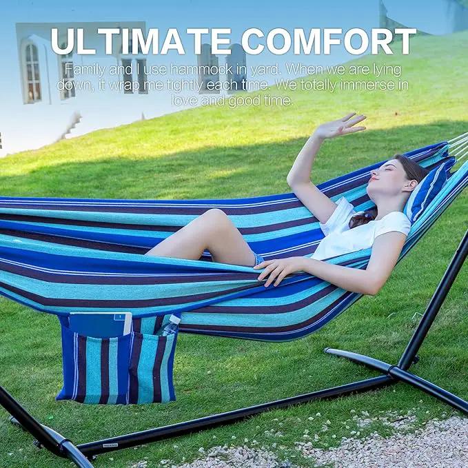 PNAEUT Double Hammocks with Stand for Outside, Portable Space Saving Heavy-Duty Steel Stand for Indoor Outdoor Patio with Carrying Bag, 450 lbs Capacity (Blue Lagoon) by GreenHaven Gardens