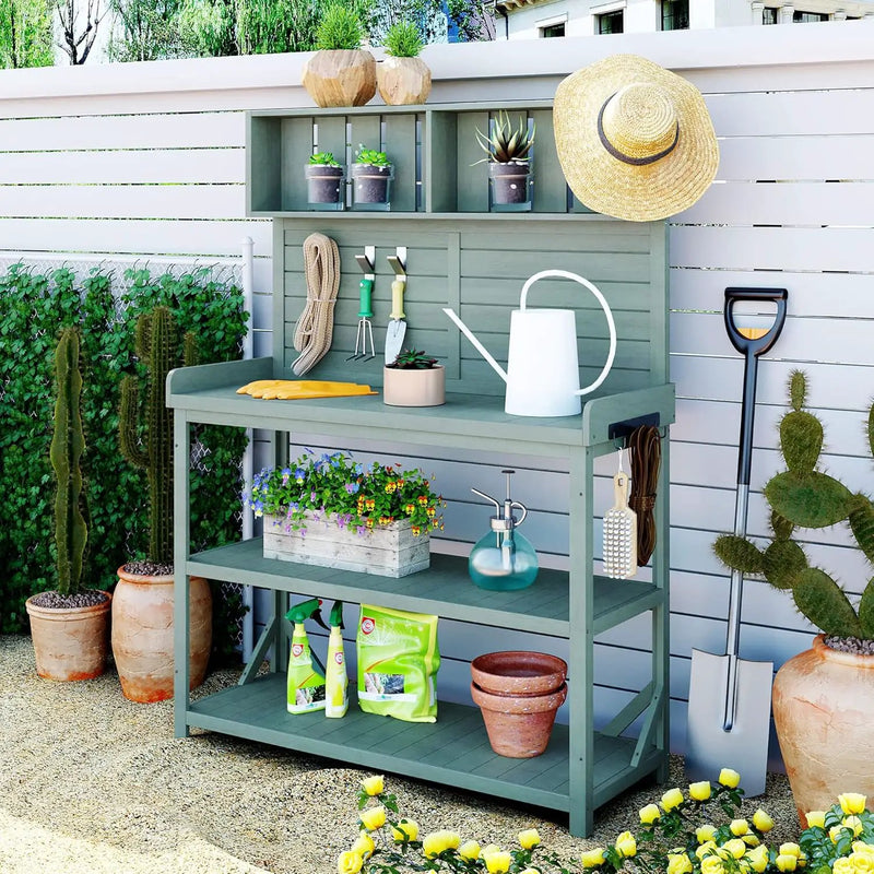 Merax 65" Large Wooden Farmhouse Rustic Outdoor Potting Bench Table with 4 Storage Shelves and Side Hook, Patio Workstation, for Garden, Backyard, Green by GreenHaven Gardens