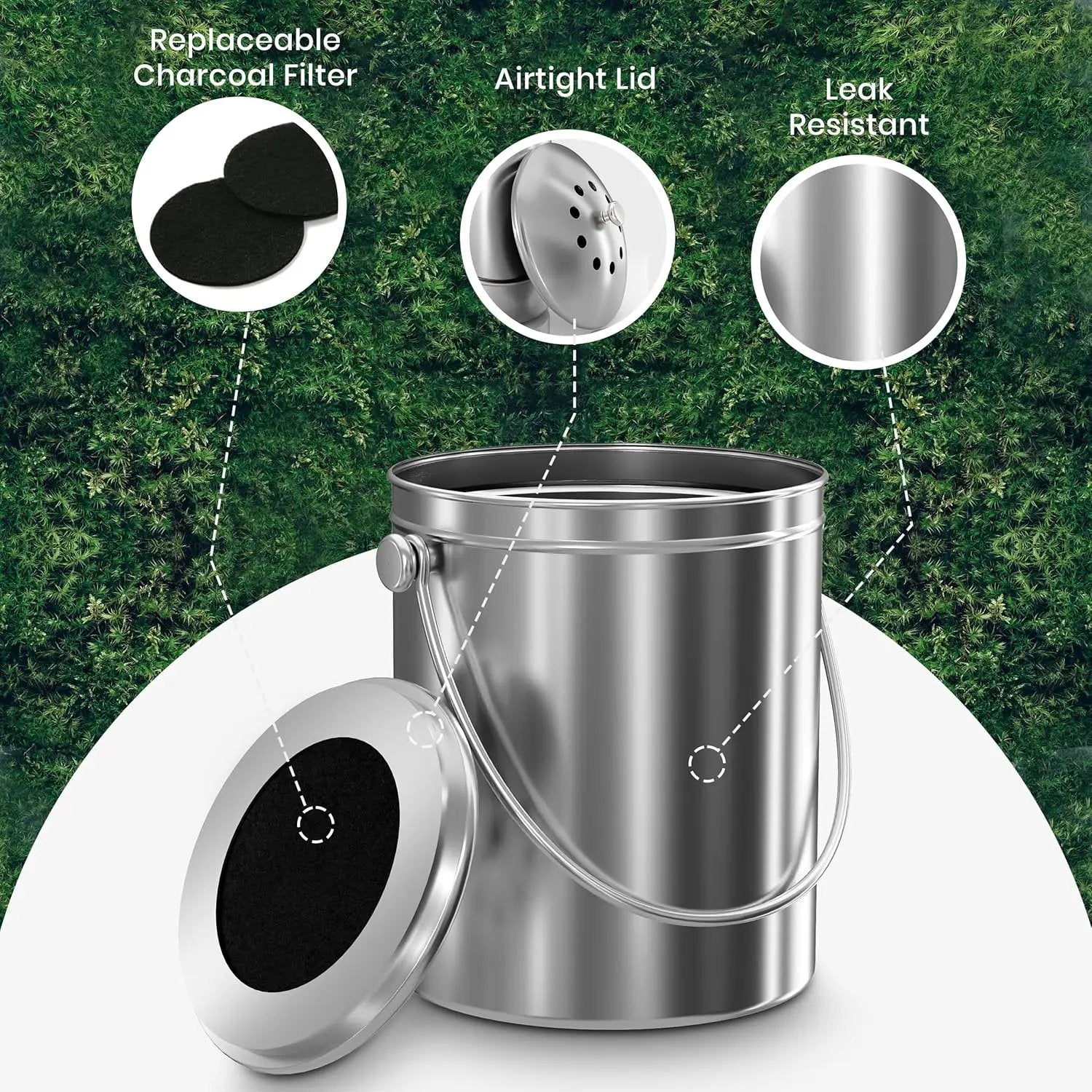 Utopia Kitchen Compost Bin for Kitchen Countertop, 1.3 Gallon Compost Bucket for Kitchen with Lid, Includes 1 Spare Charcoal Filter, Home Essentials - (Silver) by GreenHaven Gardens