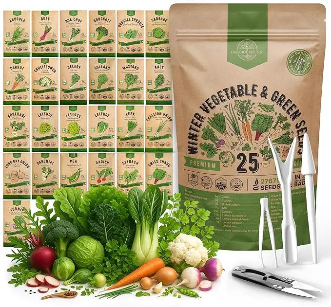 Organo Republic 25 Winter Vegetable & Green Seeds Variety Pack for Outdoors & Indoor Home Gardening 27670+ Non-GMO Heirloom Seeds: Broccoli Beet Carrot Collard Lettuce Radish Spinach Pea Kohlrabi by GreenHaven Gardens