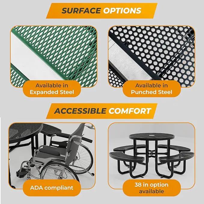 Metal Picnic Tables for Outdoors with Umbrella Hole - Coated Steel Heavy Duty Commercial Grade Table with Adjustable Seats (Blue, 46 in, Round, Punched Steel) by GreenHaven Gardens