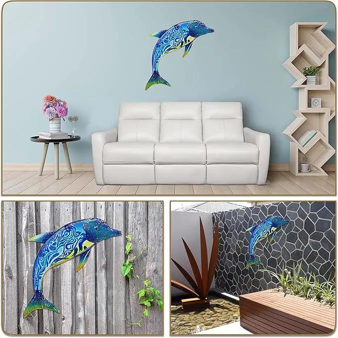 John's Studio Dolphin Wall Decor Outdoor Metal FIsh Sea Hanging Art Glass Sculptures Home Ocean Theme Decorations for Living Room, Bedroom, Yard, Fence and Patio - 17.5 Inches by GreenHaven Gardens