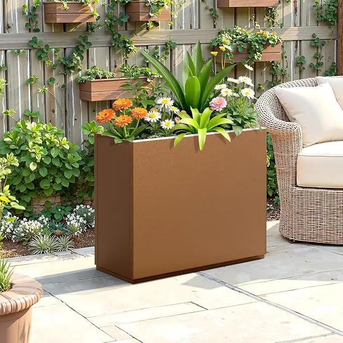 FENCY Metal Planter Box, Large Rectangular Planters for Outdoor Plants, Outdoor Tall Planters with Drainage Holes, Brown Metal Planters (30" L x 12" W x 24" H) by GreenHaven Gardens