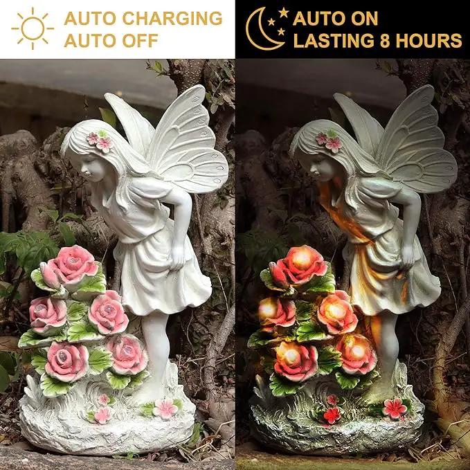 Garden Figurines Angel Garden Statue Outdoor Decor, Solar Powered Resin Sculpture with 5 LEDs Art Decoration for Patio Lawn Yard Porch, Ornament Housewarming Garden Gift, 12.8 x 7.5 x 6.1 Inch by GreenHaven Gardens
