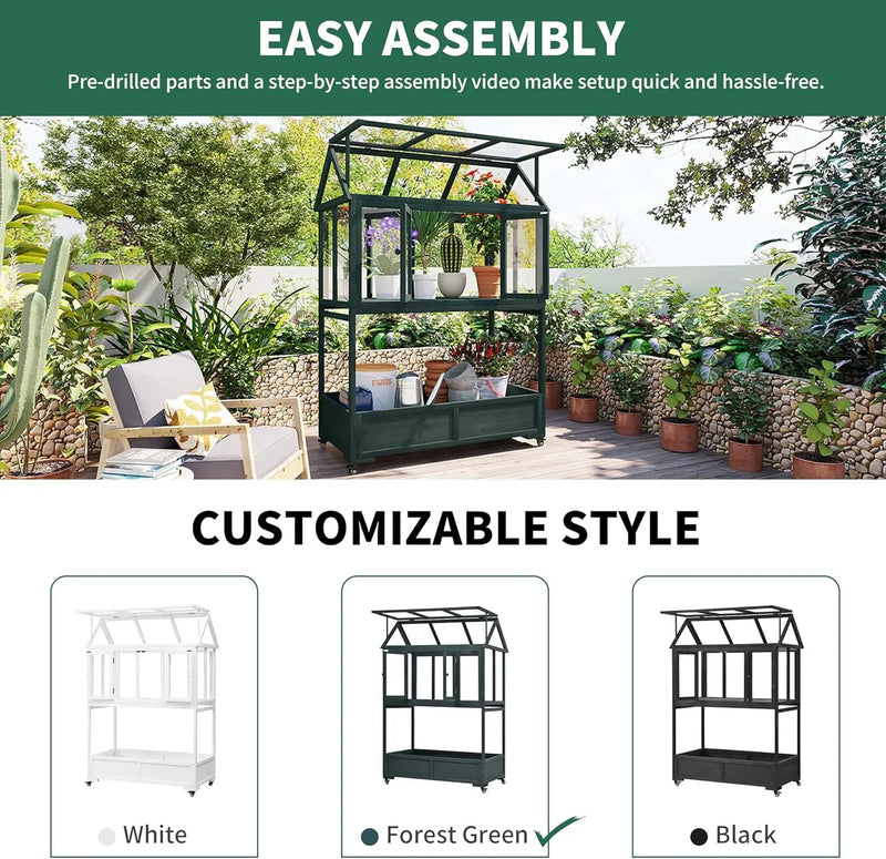 Portable Wooden Cold Frame Greenhouse with Wheels - 47" Mini Greenhouse with Adjustable Roof, Storage Box & Polycarbonate Panels - Plant Protector for Seedlings, Herbs & Winter Gardening (Green) by GreenHaven Gardens