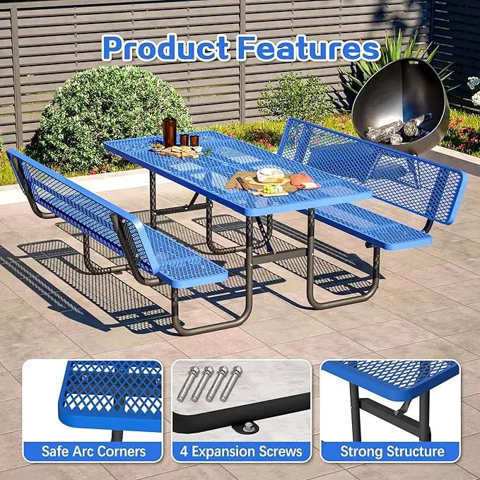 79'' Steel Rectangular Picnic Table for Outdoors, with backrest, Expanded, Lifetime Picnic Table with Umbrella Hole, Heavy Duty Sturdy Commercial Picnic Tables for Garden Courtyard BBQ, Blue by GreenHaven Gardens