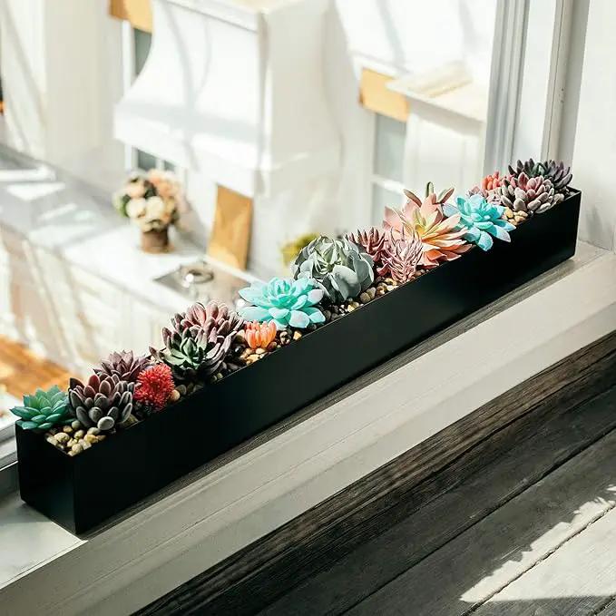 DR&Co Modern Rectangle Planter Box - 32" Metal Planter Ideal for Long Succulent, Rectangular Box for Table or Window Sill, Trough for Indoor Window, Black by GreenHaven Gardens