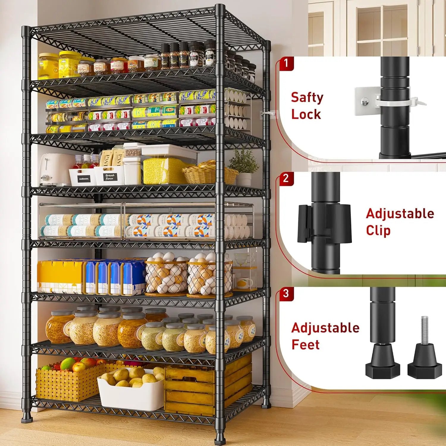 REIBII 8 Tier Metal Shelving 75"H Storage Shelves Tall Wire Shelving Unit Adjustable Detachable Storage Shelves for Laundry Pantry Kitchen Commercial school 1040LBS Storage Rack 75"H X 35"W X 14"D by GreenHaven Gardens