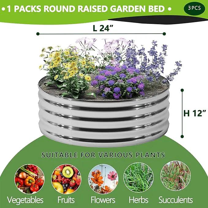 3PCS 2x2x1FT Galvanized Raised Garden Bed Kit,Vegetable Boxes-Round Metal Flower Box,Large Planter Raised Beds Outdoor Garden for Planting,Fruit,Herb-Sliver by GreenHaven Gardens