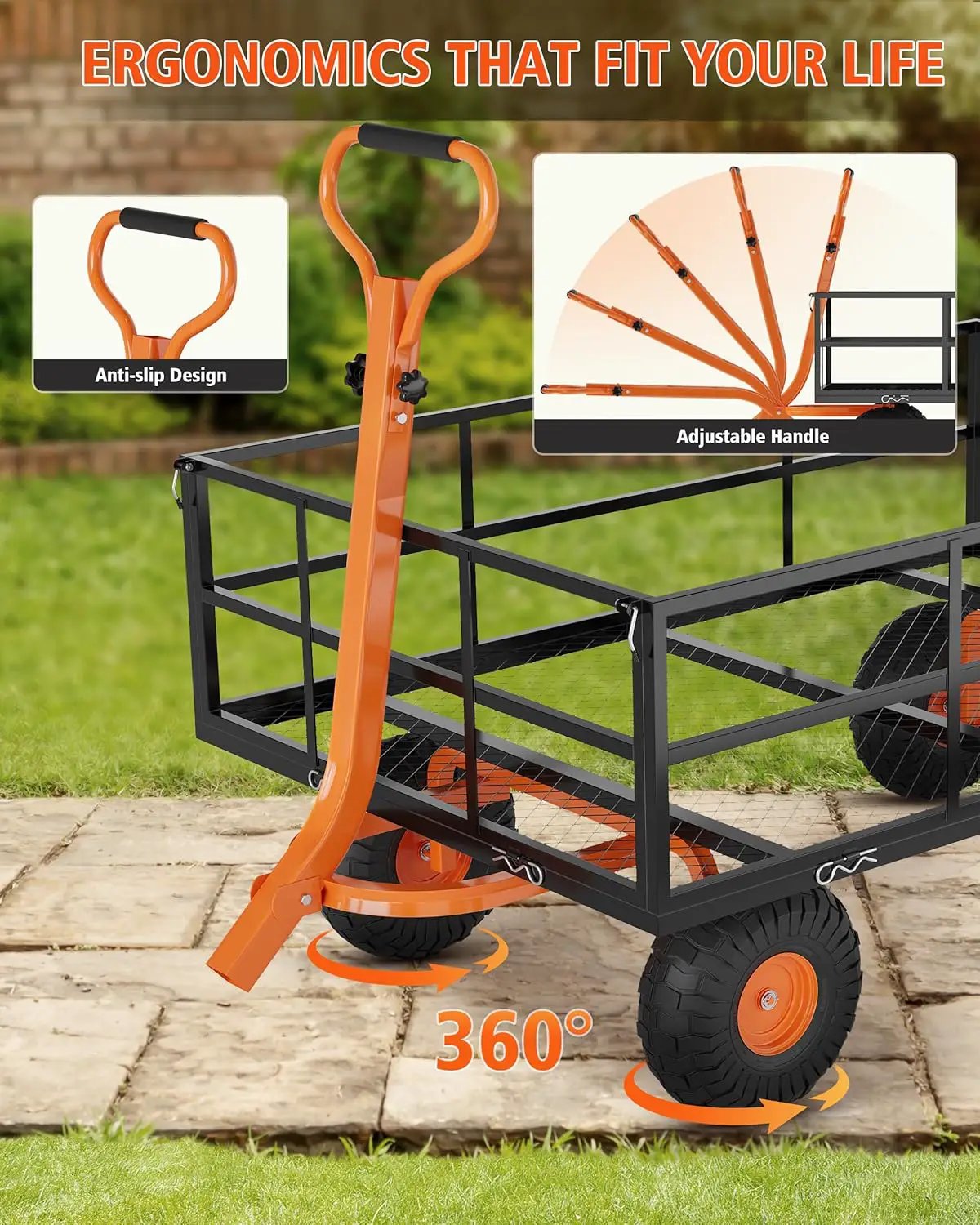 Heavy Duty Steel Garden Cart, 1200 LBS Capacity 3 in 1 Pullable Garden Wagon with 13" Wheels, for Gardening Soil, Tools, and Plant Transport by GreenHaven Gardens