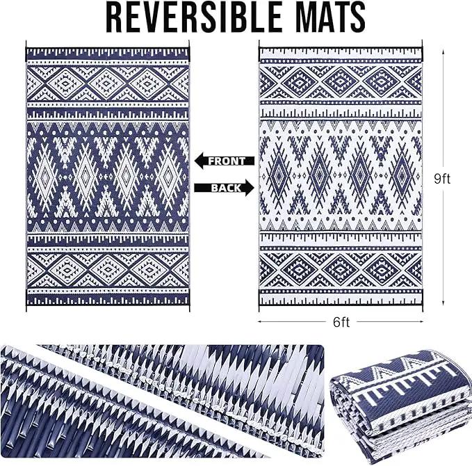OLANLY Outdoor Rug Waterproof 6x9 ft, Reversible Outdoor Plastic Straw Rug, Boho Patio Rug, Indoor Outdoor Carpet, RV Mat Outside for Patio, Camp, Picnic, Balcony, Deck, Backyard, Navy & White by GreenHaven Gardens