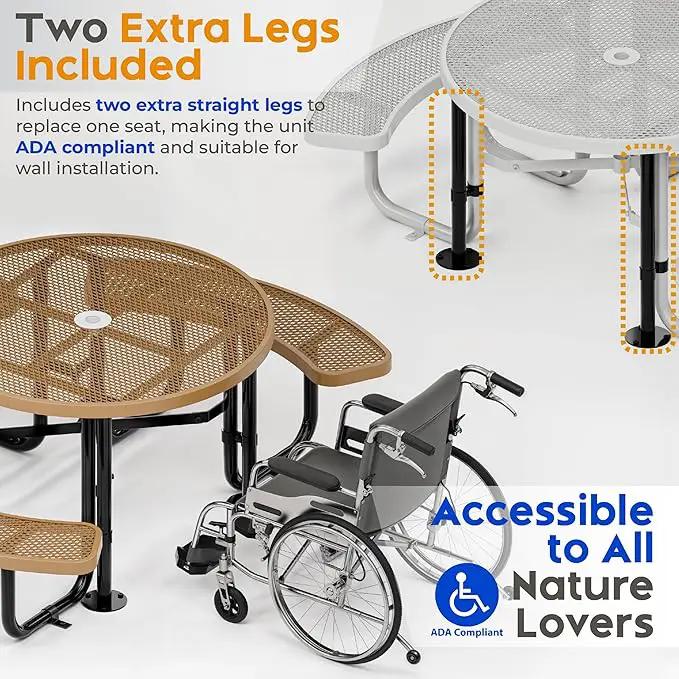 Metal Picnic Tables for Outdoors with Umbrella Hole - Coated Steel Heavy Duty Commercial Grade Table with Adjustable Seats (Brown, 46 in, Round, Expanded Steel) by GreenHaven Gardens