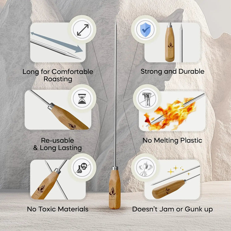 Marshmallow Sticks for Fire Pit - 34" Extra Long Roasting Smores Stick - Campfire Metal Skewers Roast Hot Dog Corn BBQ Utensil Holder Kit Outdoor Camping Accessories with Wooden Handle (10-Pack) by GreenHaven Gardens