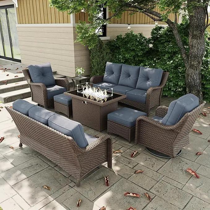 8 Pieces Outdoor Patio Furniture Sets with Rocking Swivel Chairs with 6-inch Thick Cushion and Fire Pit Table for Deck Lawn by GreenHaven Gardens
