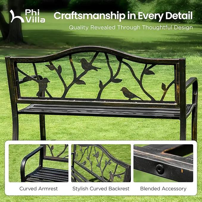 PHI VILLA Outdoor Garden Park Bench Patio 50" Metal Bench, Steel Frame Bench with Backrest and Armrests for Porch, Lawn, Balcony, Backyard and Indoor, Bronze by GreenHaven Gardens