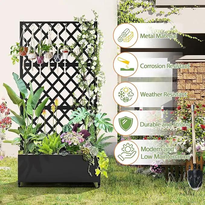 Metal Planter Trellis Box with Wheels & Drain Plug Outdoor Raised Garden Bed Patio Privacy Screen with Planter for Climbing Plants, Vegetables 73"x35"x16" Black-Diamond by GreenHaven Gardens