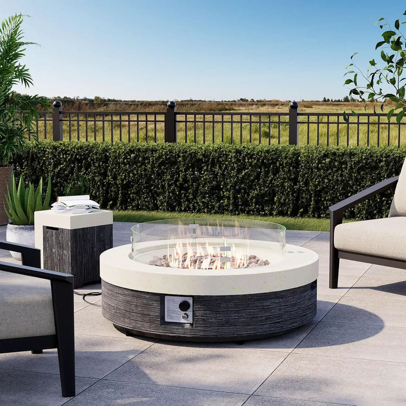 COSIEST 42" Outdoor Propane Fire Pit Table w Tank Cover & Wind Guard, Round Gas Fire Pit Table with Concrete & Wood Grain Design, 50000BTU CSA Certified Fire Tables for Patio, Backyard, Garden by GreenHaven Gardens