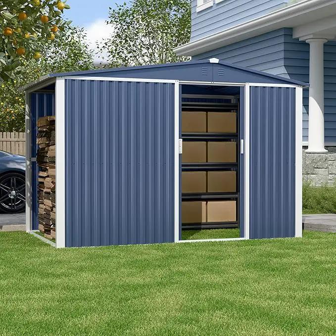 Metal Outdoor Storage Shed 10FT x 6FT with Firewood Storage, Steel Utility Tool Shed Storage House with Sliding Door, Metal Sheds Outdoor Storage for Backyard Garden Patio Lawn, Blue by GreenHaven Gardens