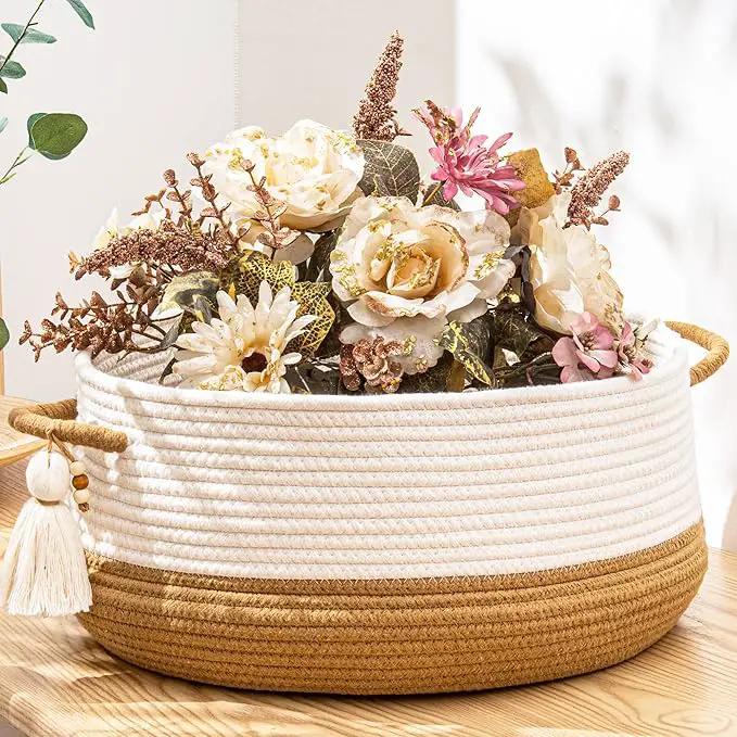 KAKAMAY Woven Baskets for Storage(16"x8"),Blanket Basket for Organizing Living Room,Cotton Rope Basket Woven Baby Laundry Hamper,Collapsible Laundry Room Organization,Clothes,Toy Chest(Brown) by GreenHaven Gardens