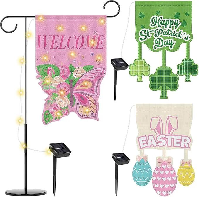 3 Set Seasonal Garden Flags with 8 Modes Solar LED Double Sided 12 x 18 Inch Small Yard Flags Outdoor Lighted Welcome Spring Easter St. Patrick's Day Clover Garden Decor for All Seasons by GreenHaven Gardens