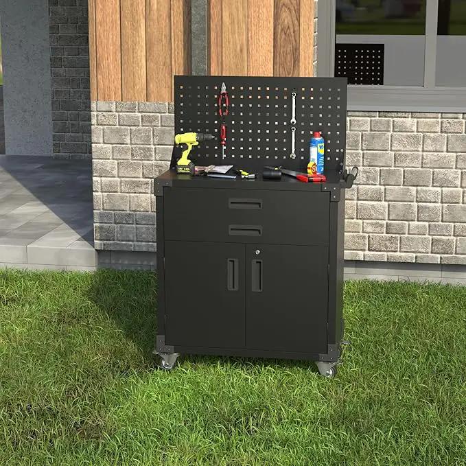 Tool Chest, Tool Cart with 2 Drawer and Lockable Doors, Garage Storage Cabinet with Wheels, Pegboard and 4 Hooks for Garage, Workshop, Metal Tool Storage Cart by GreenHaven Gardens