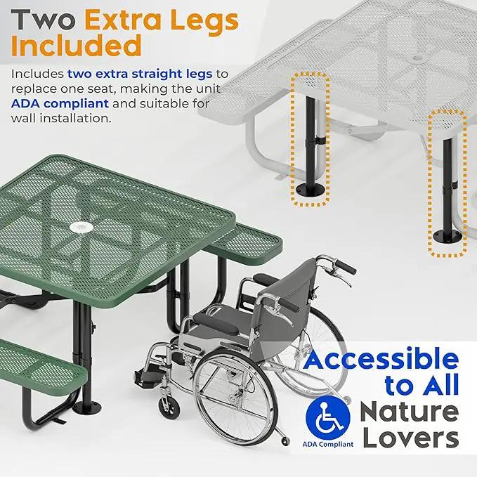 Metal Picnic Tables for Outdoors with Umbrella Hole - Coated Steel Heavy Duty Commercial Grade Table with Adjustable Seats (Green, 46 in, Square, Punched Steel) by GreenHaven Gardens