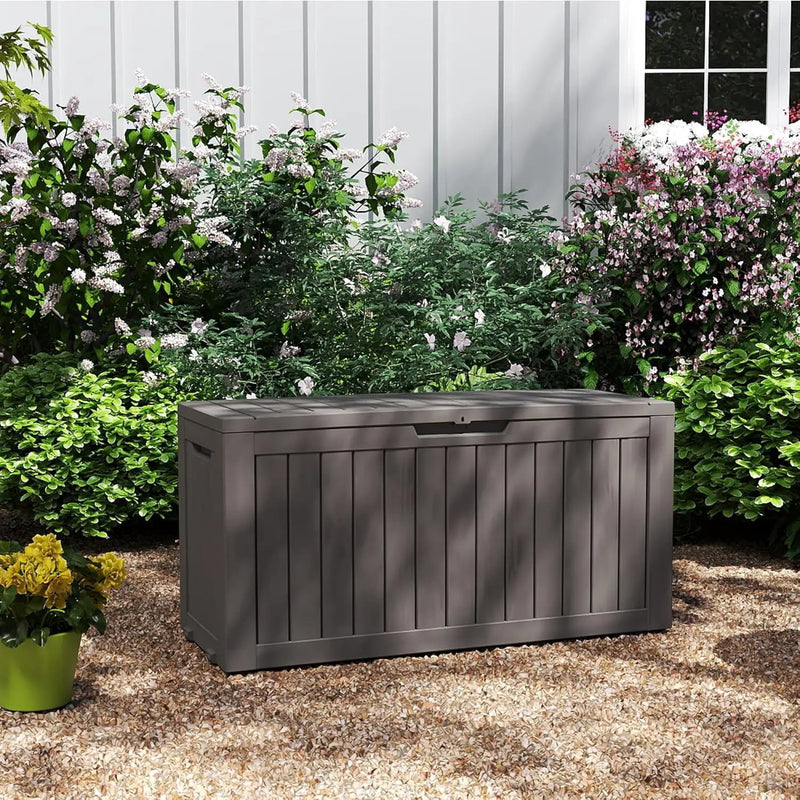 80 Gallon Coffee Resin Deck Box - Rustic Outdoor Storage for Garden Tools, Patio Essentials & Package Delivery - Weatherproof, Lockable for Farmhouse Decks by GreenHaven Gardens