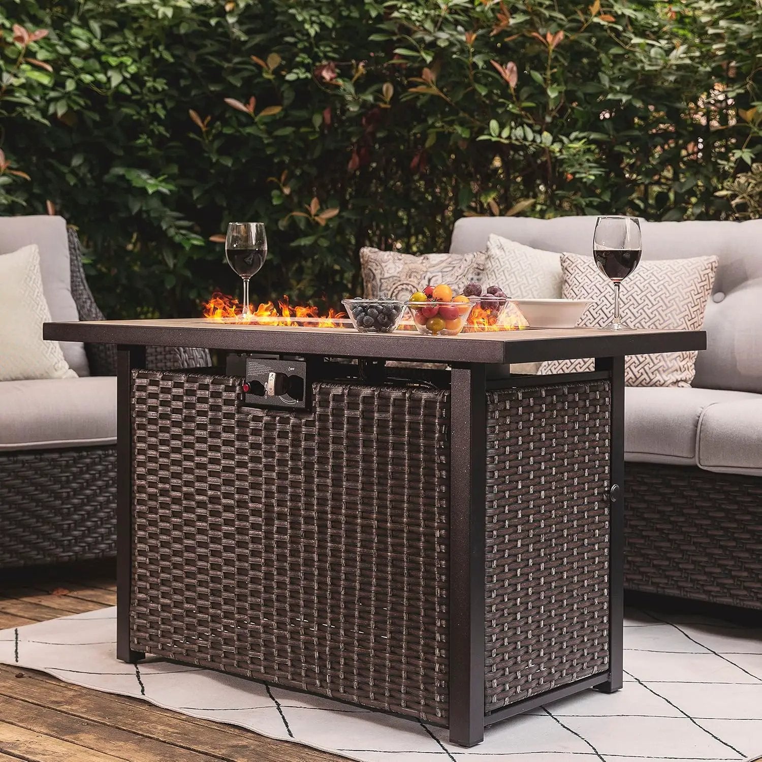 Nuu Garden Outdoor 43" 50,000 BTU Propane Gas Fire Pit Table, Ceramic Tabletop and Rattan Weaved Iron Frame, Water-Proof Oxford Cover, Glass Wind Guard, Glass Beads, Lid Included, Dark Brown & Coffee