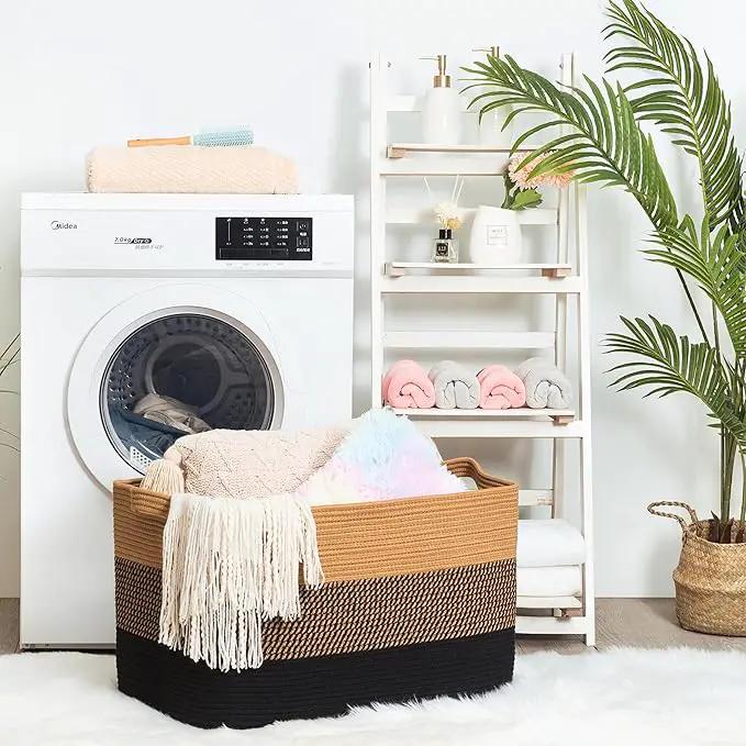 MINTWOOD Design 22in Extra Large Blanket Basket Holder for Living Room, Rectangle Rope Woven Storage Bin with Handles for Laundry, Pool Towels, and Shoes, Dog Toy Box Organizer, Black Jute by GreenHaven Gardens